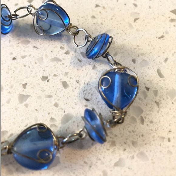 Handmade Blue Glass Bead Bracelet with Wire Wrap - Picture 2 of 3